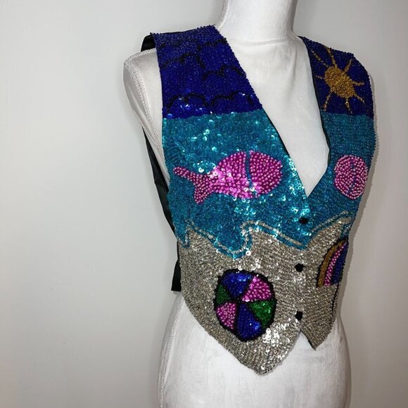 Serious Fun Sequin Vest Womens Size Small S Vintage Cotton Back Tie Front Snaps - Picture 5 of 11